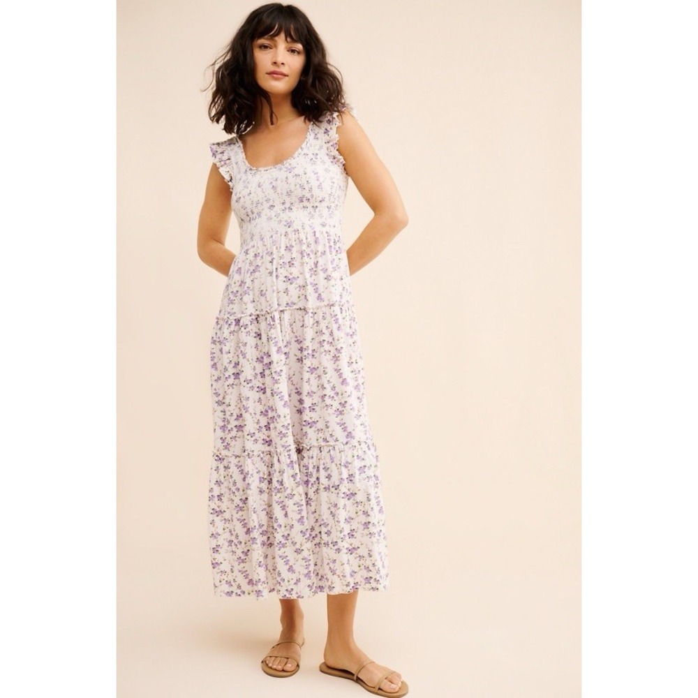 LoveShackFancy Chessie Midi Lavender Floral Cotton Smocked Dress Womens Size S